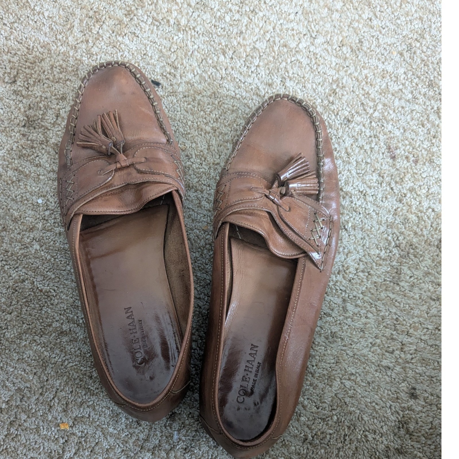 Cole Haan Mens Brown Leather Tassel Loafers Made In Italy Slip On Dress Shoe